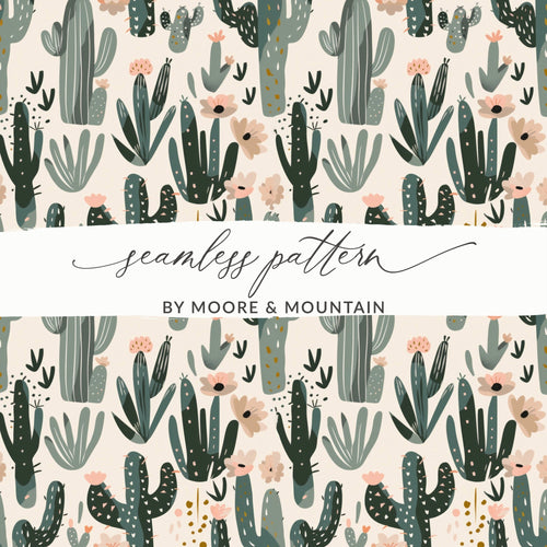 Cactus Flower Digital Paper, Seamless Pattern, Boho Plants Illustration, Desert Printable, Scrapbooking Paper, Fabric Design - Moore and Mountain