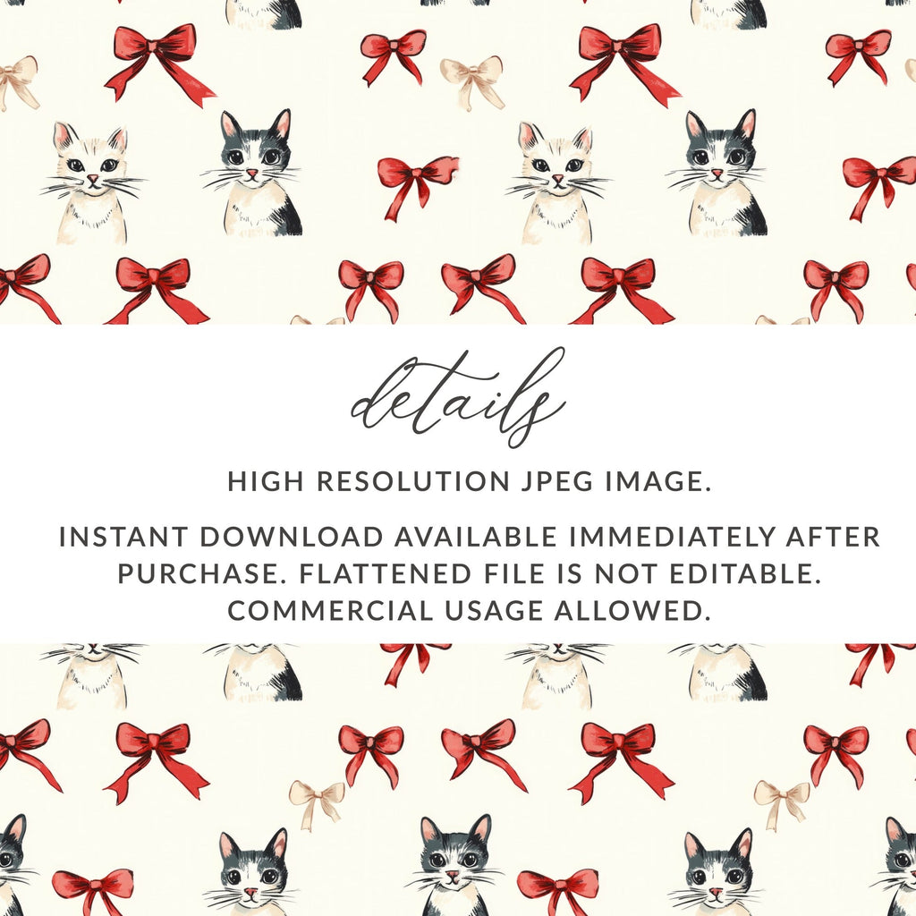 Cat Bow Seamless Pattern, Digital Fabric, Scrapbook Paper, Cute Kitten, Christmas Bows, Digital Download, Commercial Use, Craft Supply - Moore and Mountain