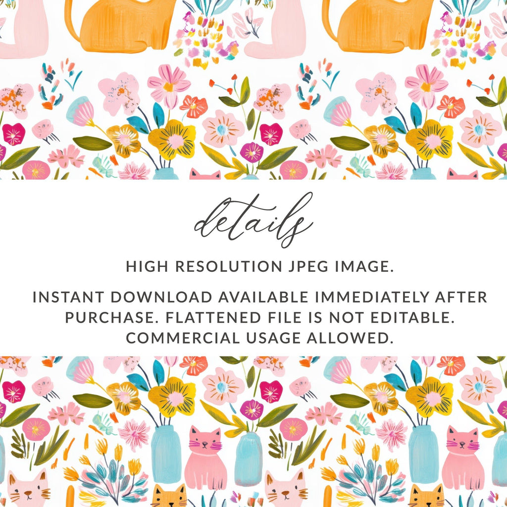 Cat Flower Digital Paper, Seamless Pattern, Floral Cat Fabric Design, Cute Cats, Digital Background, Scrapbooking Paper, JPEG Files - Moore and Mountain