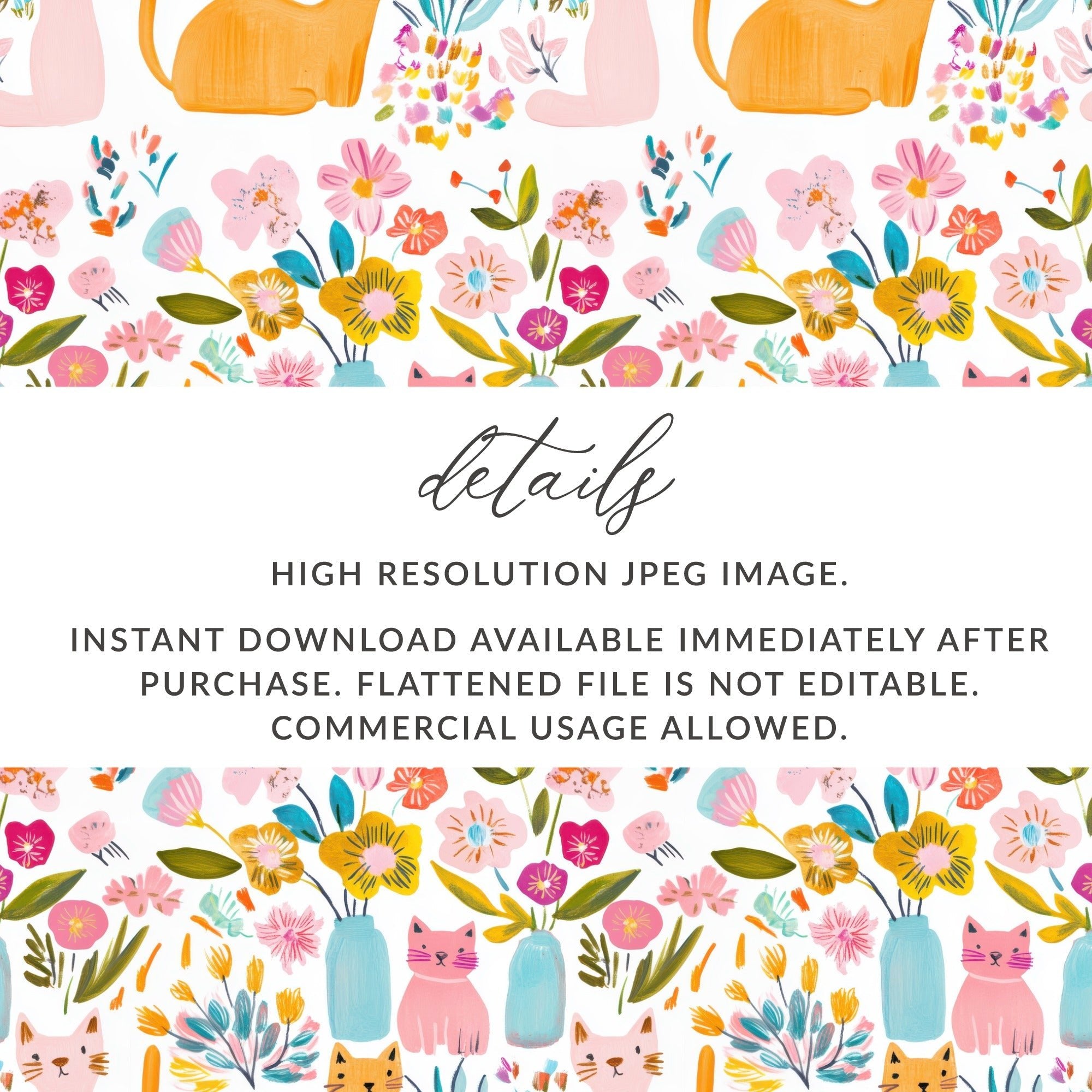 Cat Flower Digital Paper, Seamless Pattern, Floral Cat Fabric Design, Cute Cats, Digital Background, Scrapbooking Paper, JPEG Files - Moore and Mountain