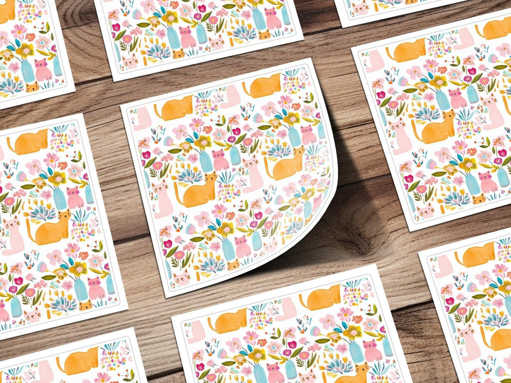 Cat Flower Digital Paper, Seamless Pattern, Floral Cat Fabric Design, Cute Cats, Digital Background, Scrapbooking Paper, JPEG Files - Moore and Mountain
