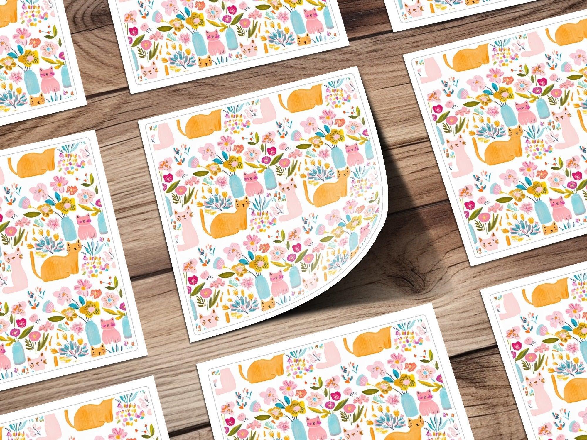 Cat Flower Digital Paper, Seamless Pattern, Floral Cat Fabric Design, Cute Cats, Digital Background, Scrapbooking Paper, JPEG Files - Moore and Mountain