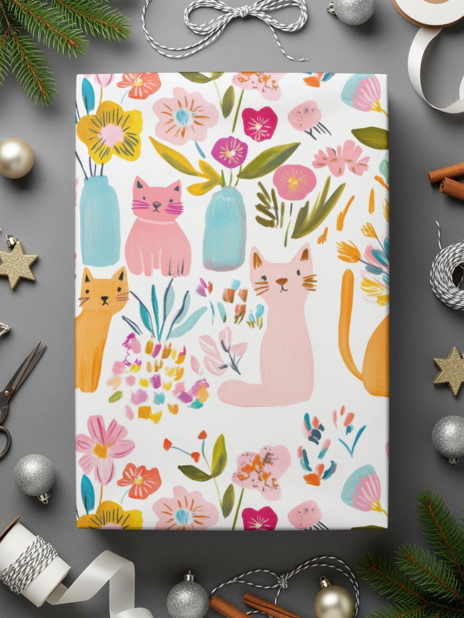 Cat Flower Digital Paper, Seamless Pattern, Floral Cat Fabric Design, Cute Cats, Digital Background, Scrapbooking Paper, JPEG Files - Moore and Mountain