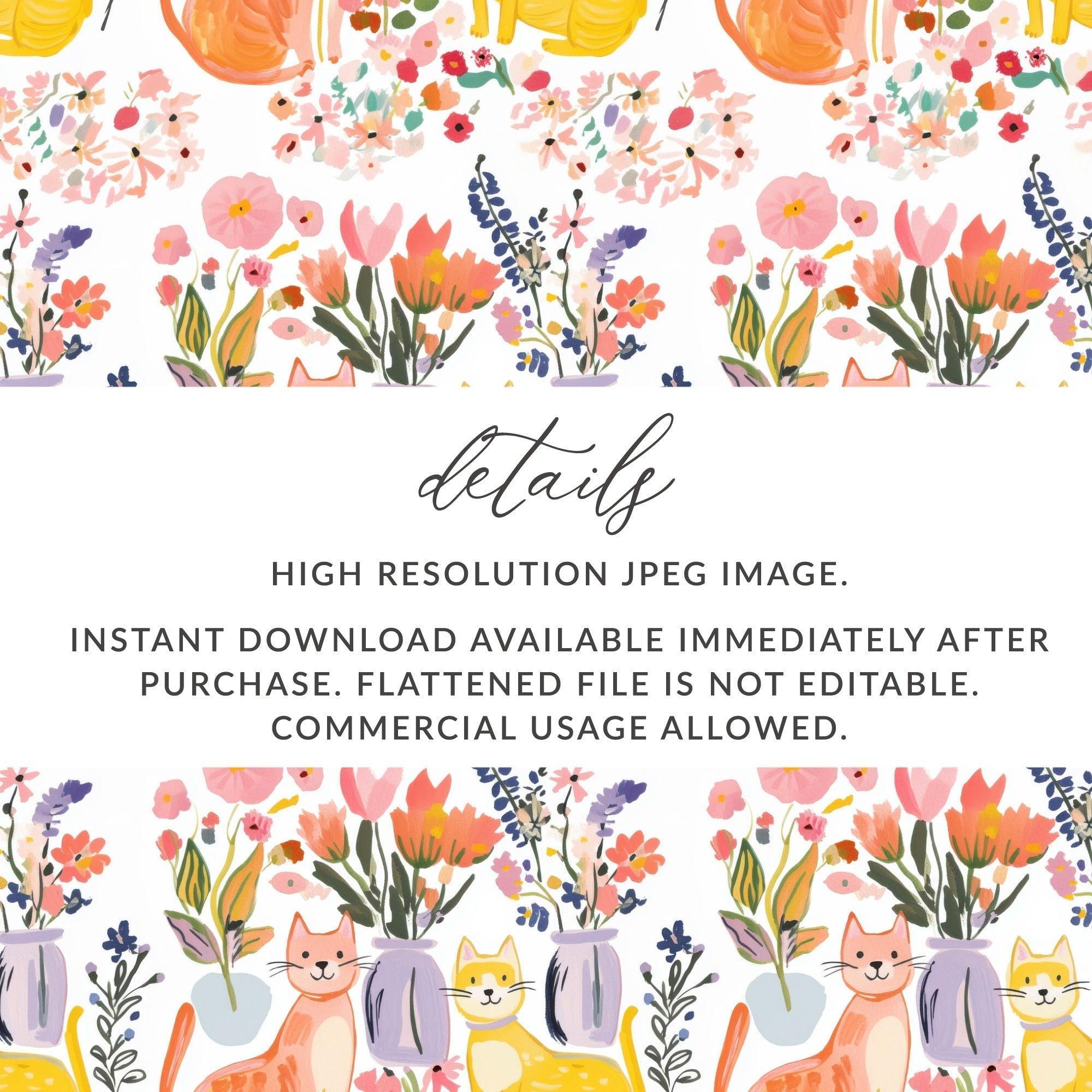 Cat and Floral Digital Paper, Seamless Pattern, Nursery Art, Watercolor Kitten, Pet Illustration, Floral Design, Spring Digital File - Moore and Mountain