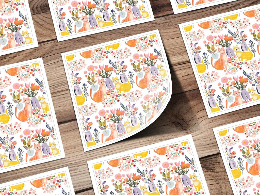 Cat and Floral Digital Paper, Seamless Pattern, Nursery Art, Watercolor Kitten, Pet Illustration, Floral Design, Spring Digital File - Moore and Mountain