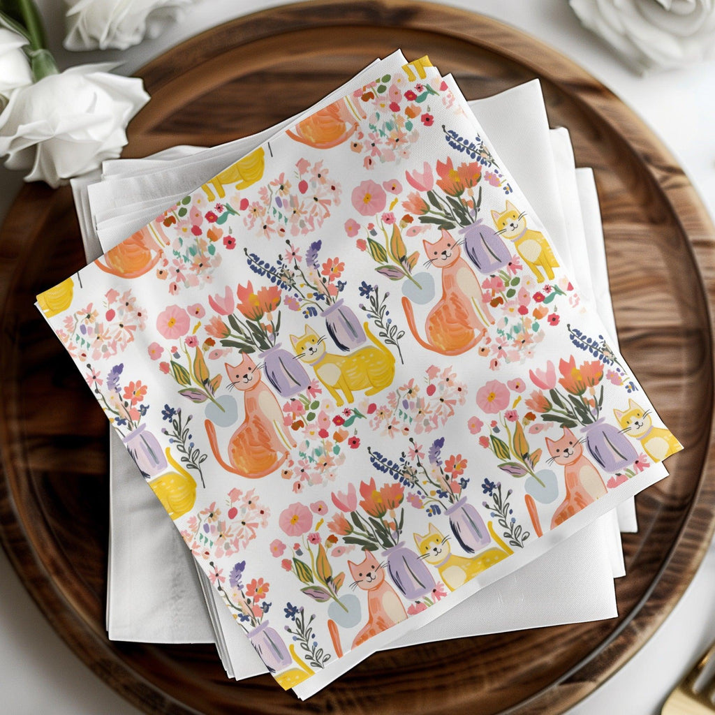 Cat and Floral Digital Paper, Seamless Pattern, Nursery Art, Watercolor Kitten, Pet Illustration, Floral Design, Spring Digital File - Moore and Mountain