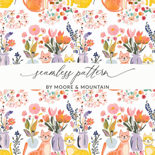 Cat and Floral Digital Paper, Seamless Pattern, Nursery Art, Watercolor Kitten, Pet Illustration, Floral Design, Spring Digital File - Moore and Mountain
