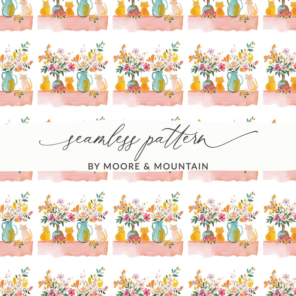 Cat and Floral Digital Paper, Seamless Pattern, Watercolor Style, Printable Fabric, Scrapbooking Paper, Kitty Design, Animal Digital - Moore and Mountain
