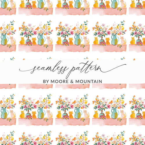 Cat and Floral Digital Paper, Seamless Pattern, Watercolor Style, Printable Fabric, Scrapbooking Paper, Kitty Design, Animal Digital - Moore and Mountain