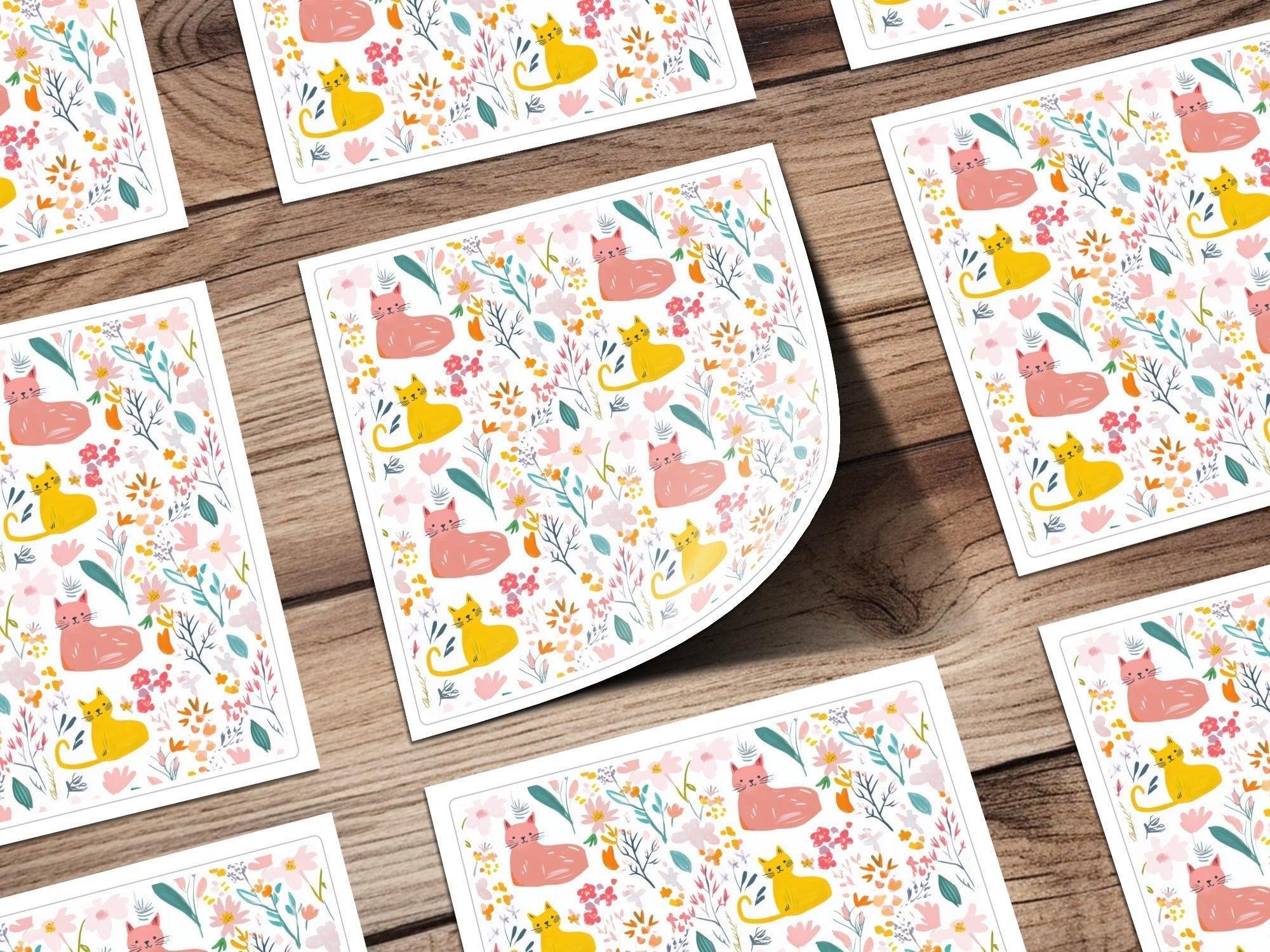 Cat and Flower Digital Seamless Pattern, Animal Floral Design, Pet Fabric, Cute Kitten Image, Download Files, Printable Design, Crafts - Moore and Mountain