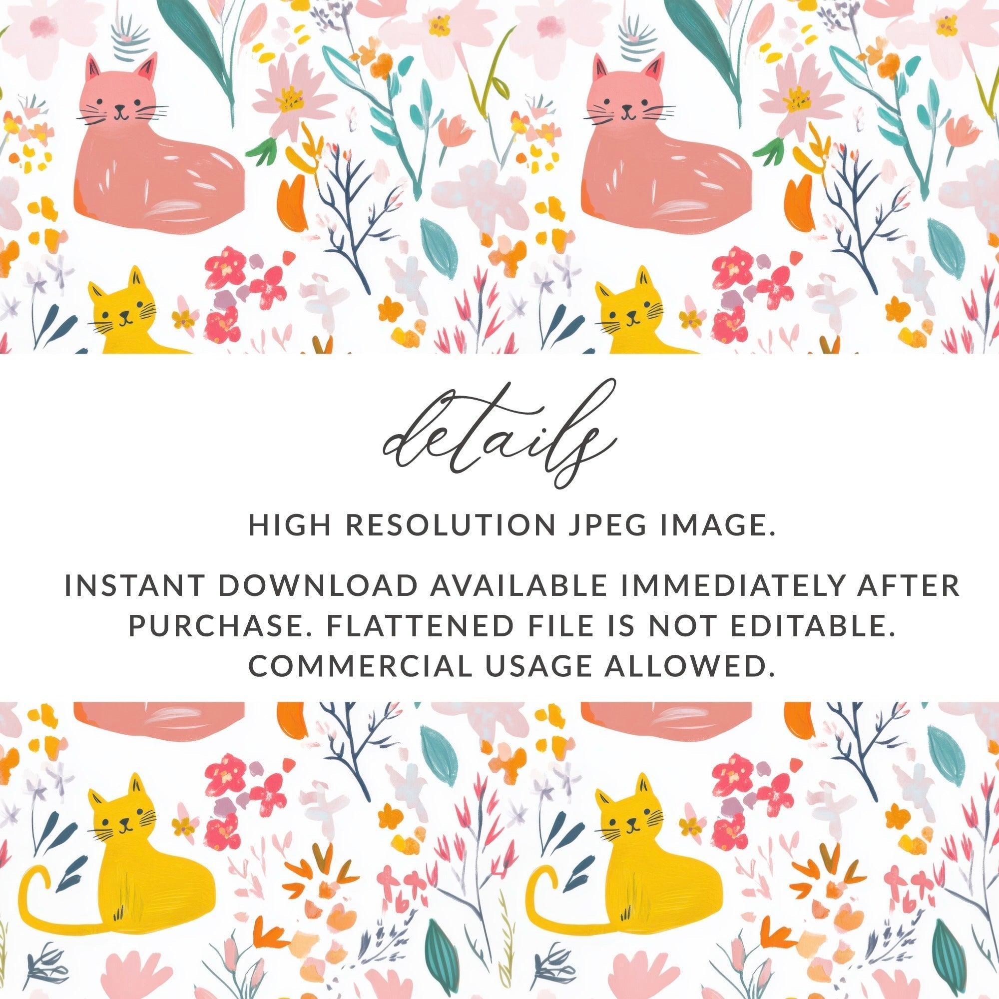 Cat and Flower Digital Seamless Pattern, Animal Floral Design, Pet Fabric, Cute Kitten Image, Download Files, Printable Design, Crafts - Moore and Mountain