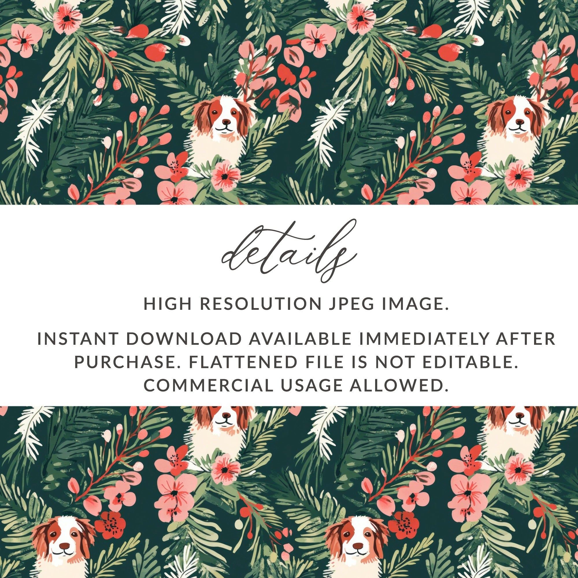 Cavalier Dog Digital Paper, Floral Seamless Pattern, Christmas Design, Pet Fabric Design, Dog Lover Gift, Repeating Pattern, 12x12 JPEG - Moore and Mountain