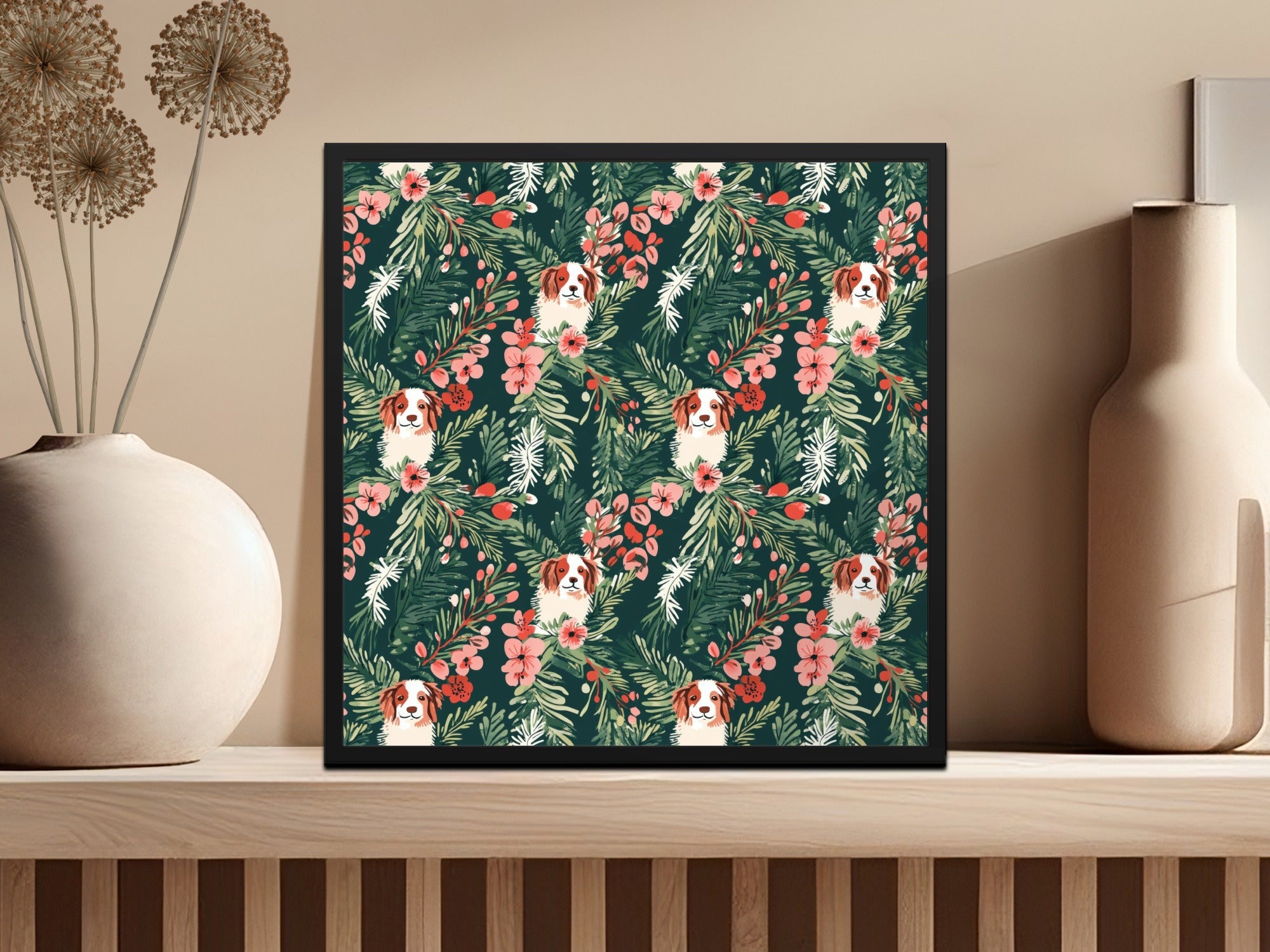 Cavalier Dog Digital Paper, Floral Seamless Pattern, Christmas Design, Pet Fabric Design, Dog Lover Gift, Repeating Pattern, 12x12 JPEG - Moore and Mountain