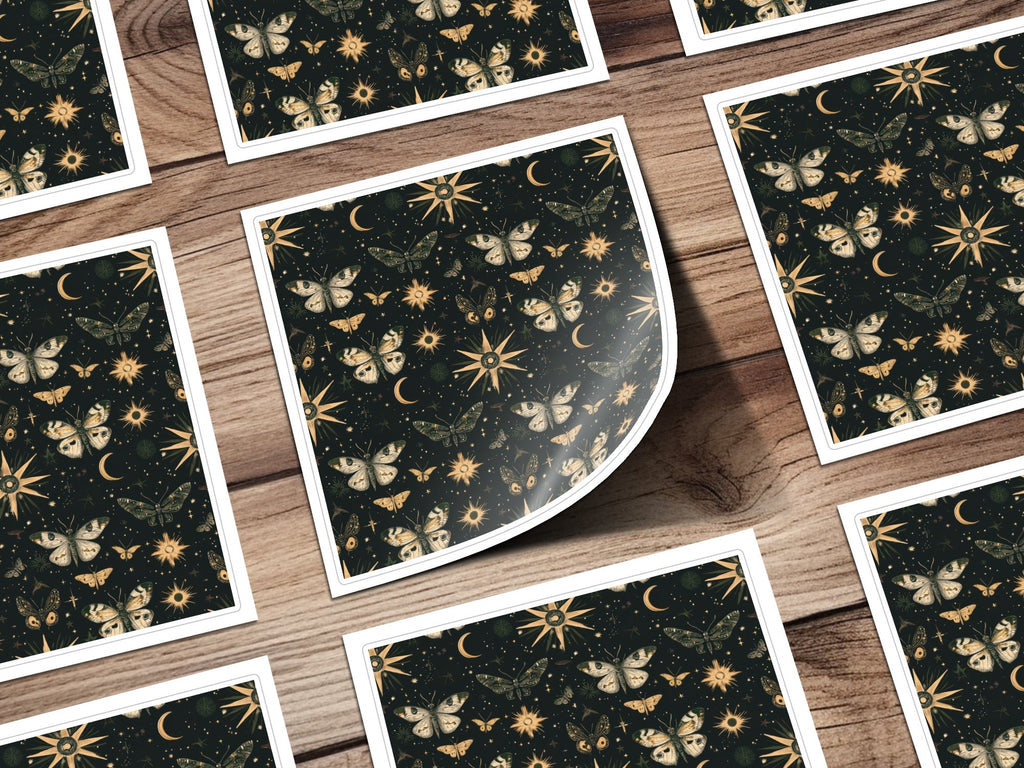 Celestial Flight Moon Stars Butterflies Digital Art, Mystical Night Sky Pattern, Printable Wall Decor - Moore and Mountain