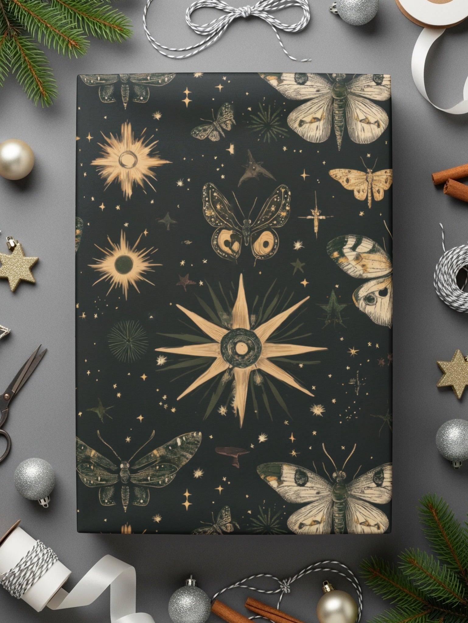 Celestial Flight Moon Stars Butterflies Digital Art, Mystical Night Sky Pattern, Printable Wall Decor - Moore and Mountain