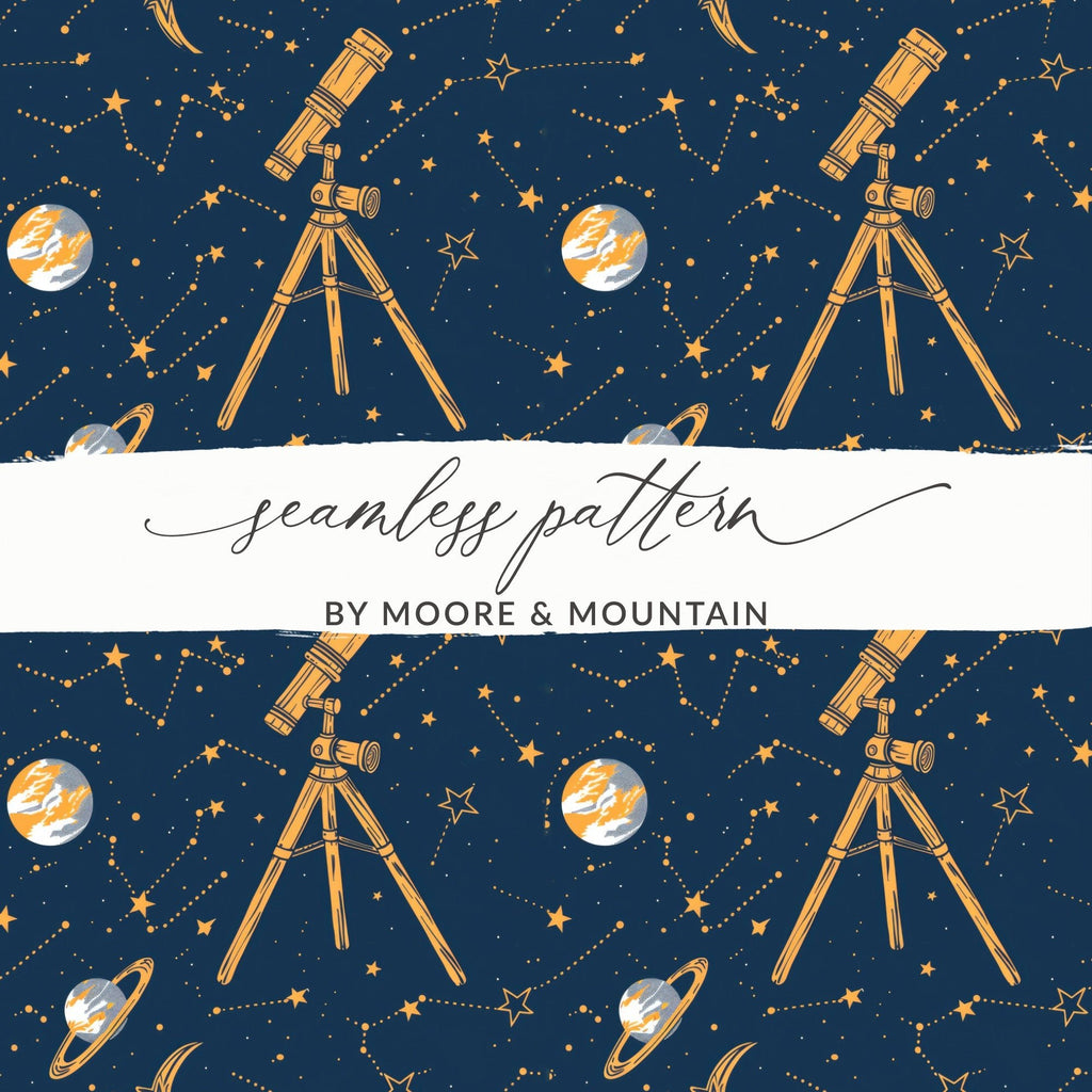 Celestial Seamless Pattern Digital Paper, Telescope, Planets, Stars, Galaxy, Astronomy Design, Scrapbooking, Fabric Print, DIY Project - Moore and Mountain