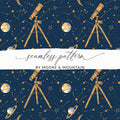 Celestial Seamless Pattern Digital Paper, Telescope, Planets, Stars, Galaxy, Astronomy Design, Scrapbooking, Fabric Print, DIY Project - Moore and Mountain