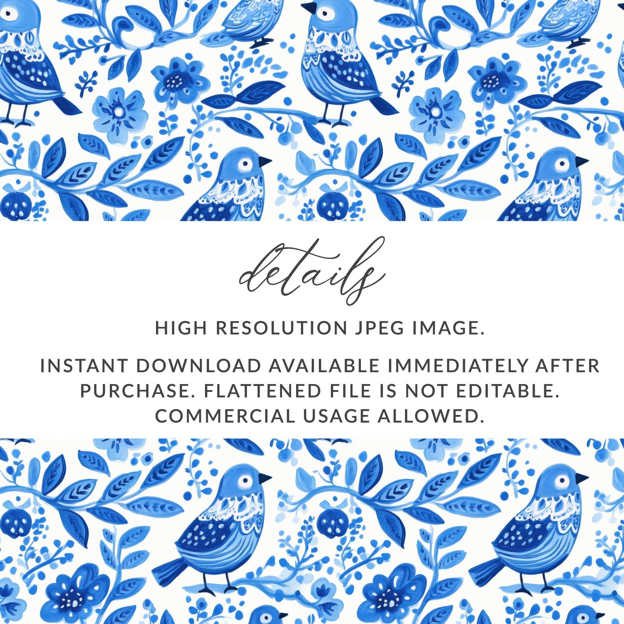 Charming Blue Birds Pattern with Floral Elements Digital - Moore and Mountain