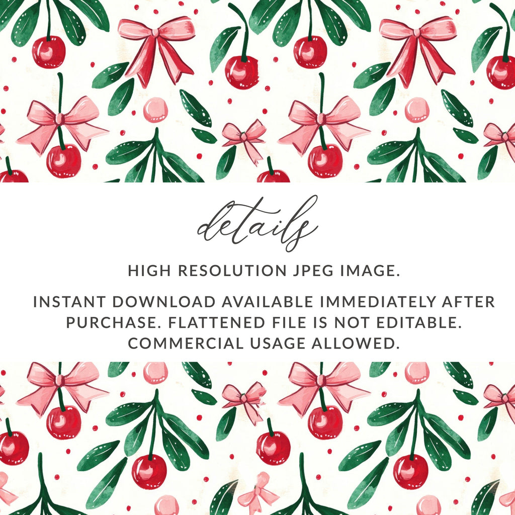 Cherry Bow Digital Seamless Pattern, Repeat File, Watercolor Illustration, Christmas Pattern, Digital Paper, Fabric Design, Digital Download - Moore and Mountain