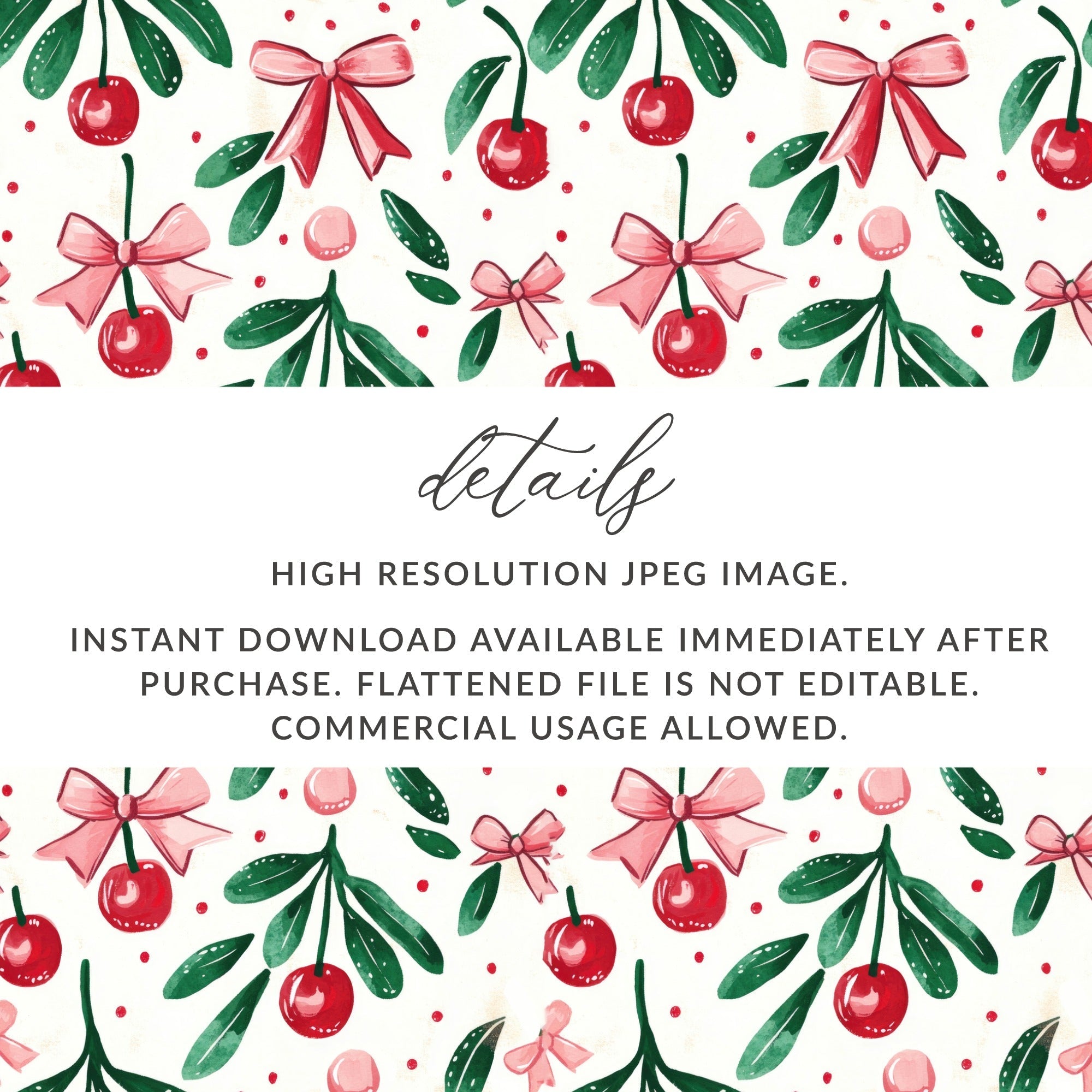 Cherry Bow Digital Seamless Pattern, Repeat File, Watercolor Illustration, Christmas Pattern, Digital Paper, Fabric Design, Digital Download - Moore and Mountain