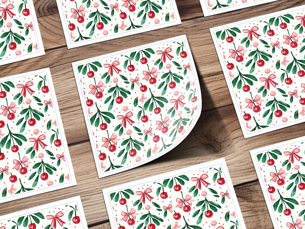 Cherry Bow Digital Seamless Pattern, Repeat File, Watercolor Illustration, Christmas Pattern, Digital Paper, Fabric Design, Digital Download - Moore and Mountain