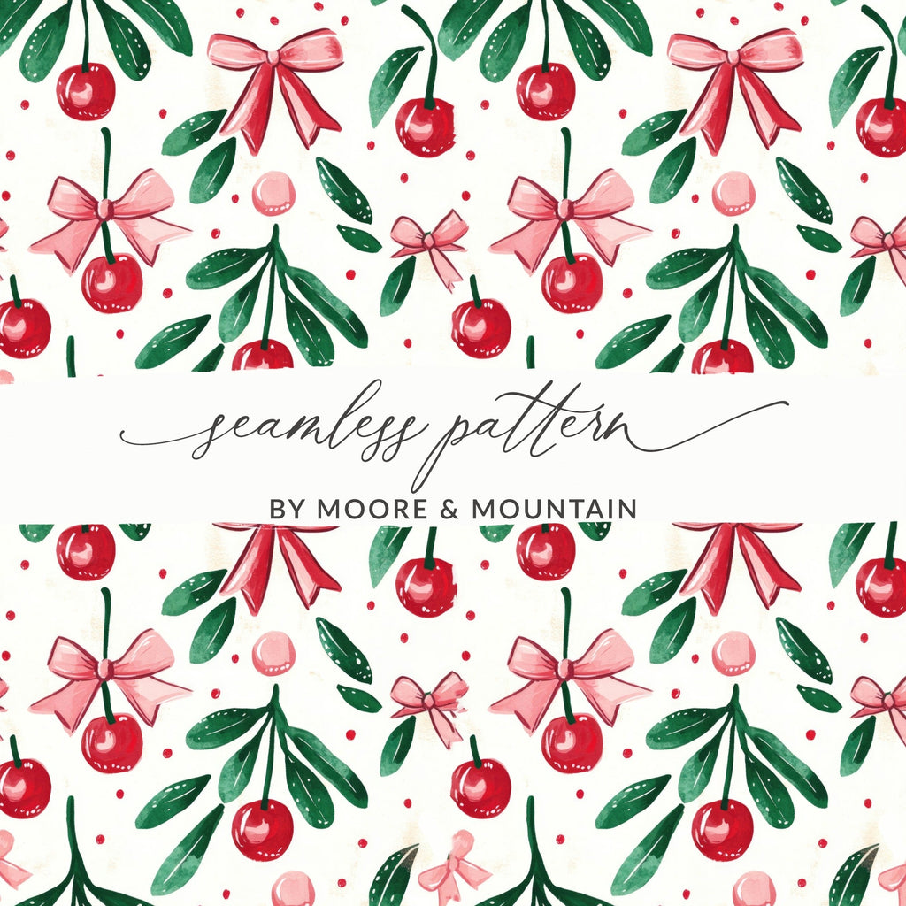 Cherry Bow Digital Seamless Pattern, Repeat File, Watercolor Illustration, Christmas Pattern, Digital Paper, Fabric Design, Digital Download - Moore and Mountain