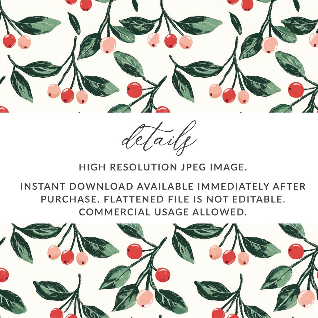 Cherry Digital Paper, Fruit Digital Pattern, Seamless Pattern Design, Scrapbook Paper, Berry Pattern, Christmas Digital, Botanical Print - Moore and Mountain
