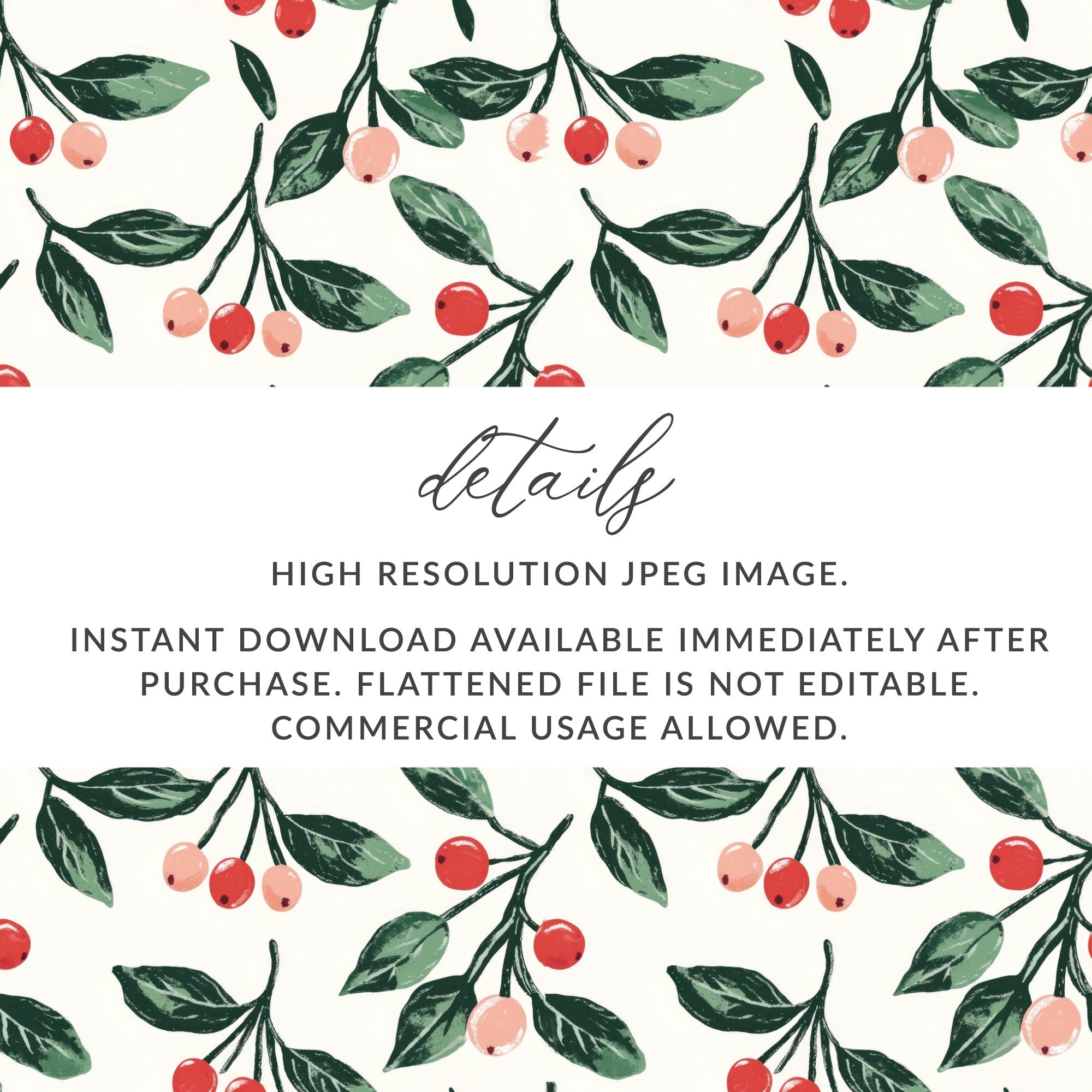 Cherry Digital Paper, Fruit Digital Pattern, Seamless Pattern Design, Scrapbook Paper, Berry Pattern, Christmas Digital, Botanical Print - Moore and Mountain