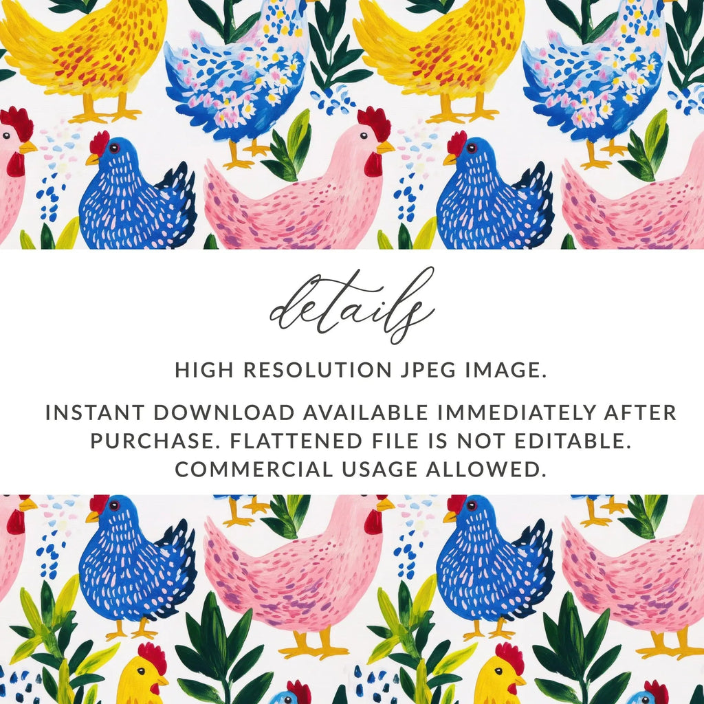 Chicken Digital Paper, Colorful Farmhouse Digital Pattern, Bird Seamless Pattern, Poultry Wallpaper, Hen Background, Repeatable Chicken File - Moore and Mountain