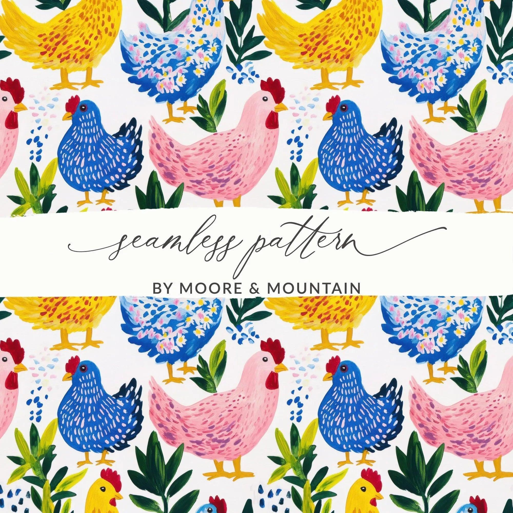 Chicken Digital Paper, Colorful Farmhouse Digital Pattern, Bird Seamless Pattern, Poultry Wallpaper, Hen Background, Repeatable Chicken File - Moore and Mountain