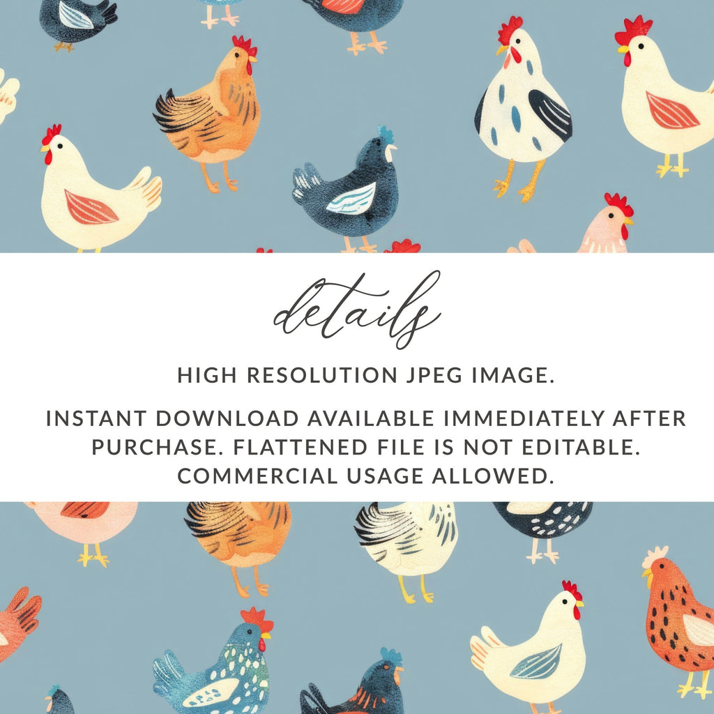Chicken Digital Paper, Farm Animal Pattern, Light Blue Background, Red, Orange, Black, White, Cute Hen Fabric, Spring Digital - Moore and Mountain