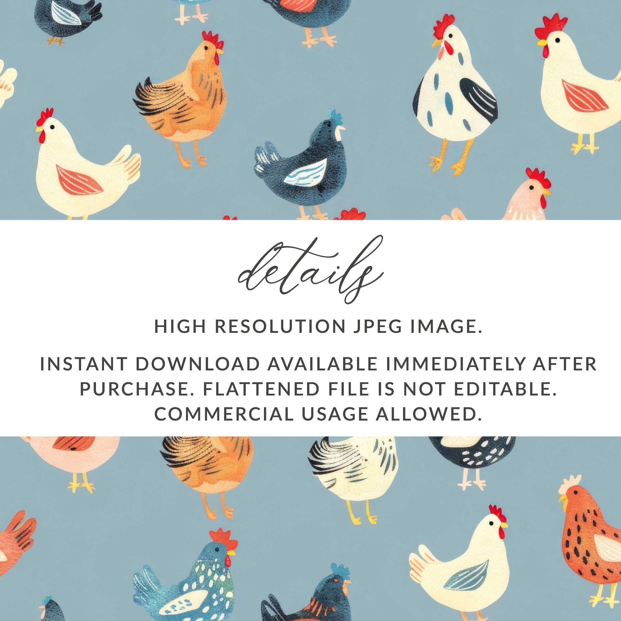 Chicken Digital Paper, Farm Animal Pattern, Light Blue Background, Red, Orange, Black, White, Cute Hen Fabric, Spring Digital - Moore and Mountain