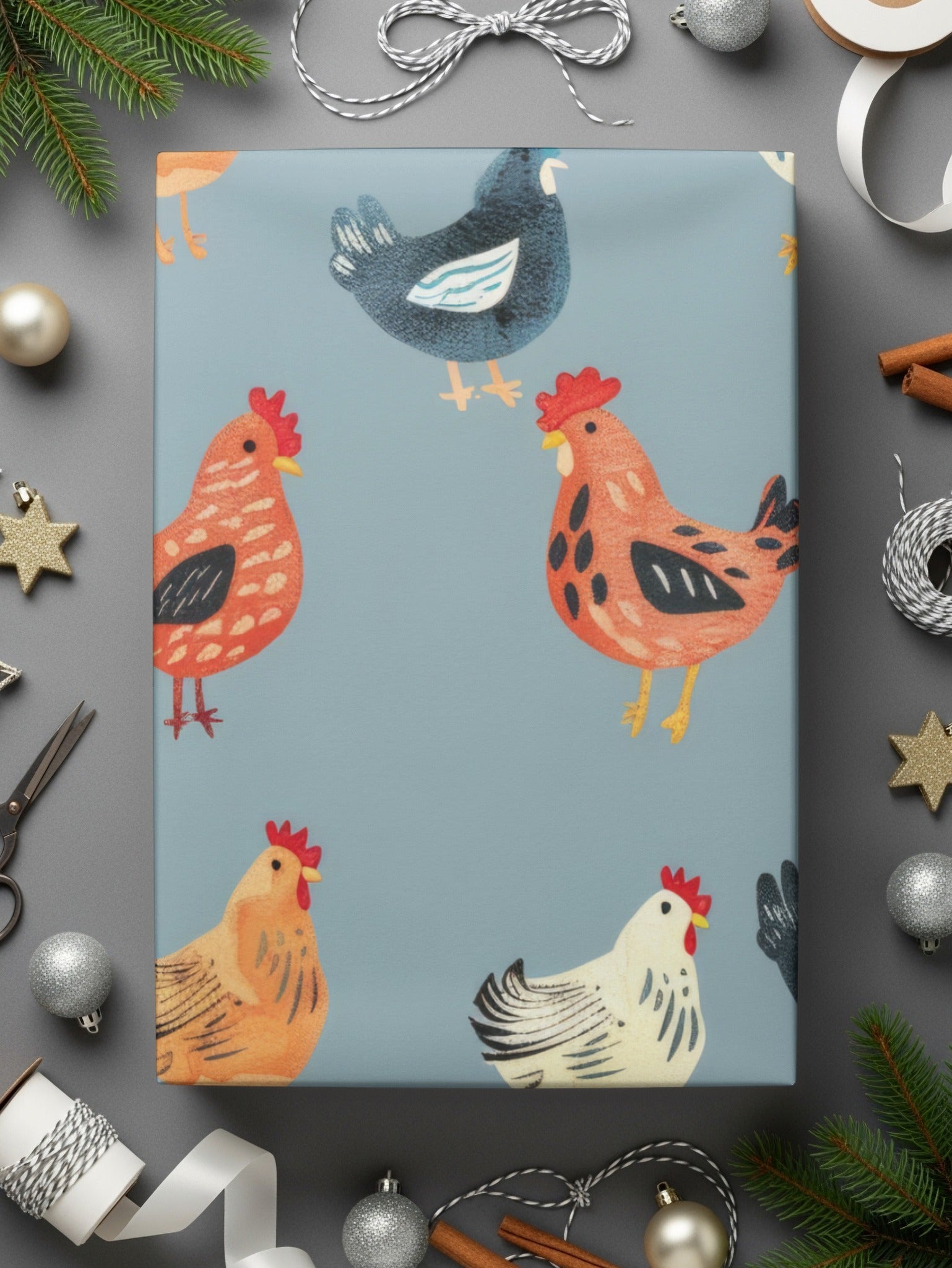 Chicken Digital Paper, Farm Animal Pattern, Light Blue Background, Red, Orange, Black, White, Cute Hen Fabric, Spring Digital - Moore and Mountain