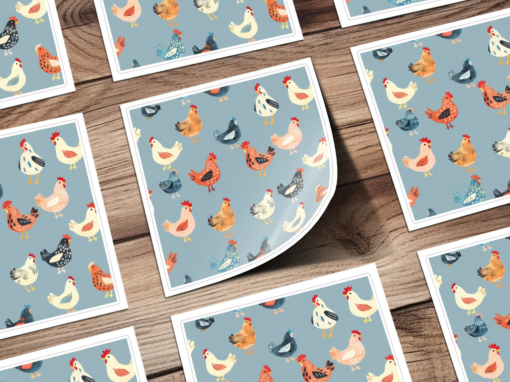 Chicken Digital Paper, Farm Animal Pattern, Light Blue Background, Red, Orange, Black, White, Cute Hen Fabric, Spring Digital - Moore and Mountain