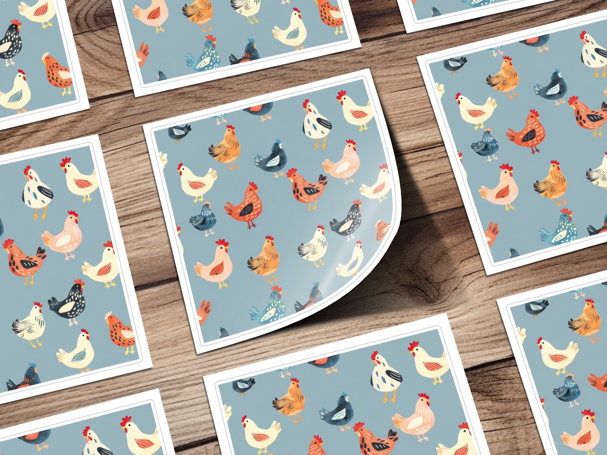 Chicken Digital Paper, Farm Animal Pattern, Light Blue Background, Red, Orange, Black, White, Cute Hen Fabric, Spring Digital - Moore and Mountain