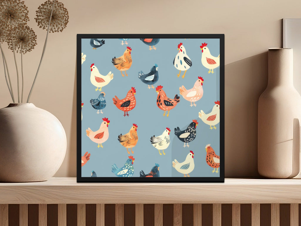 Chicken Digital Paper, Farm Animal Pattern, Light Blue Background, Red, Orange, Black, White, Cute Hen Fabric, Spring Digital - Moore and Mountain