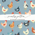 Chicken Digital Paper, Farm Animal Pattern, Light Blue Background, Red, Orange, Black, White, Cute Hen Fabric, Spring Digital - Moore and Mountain
