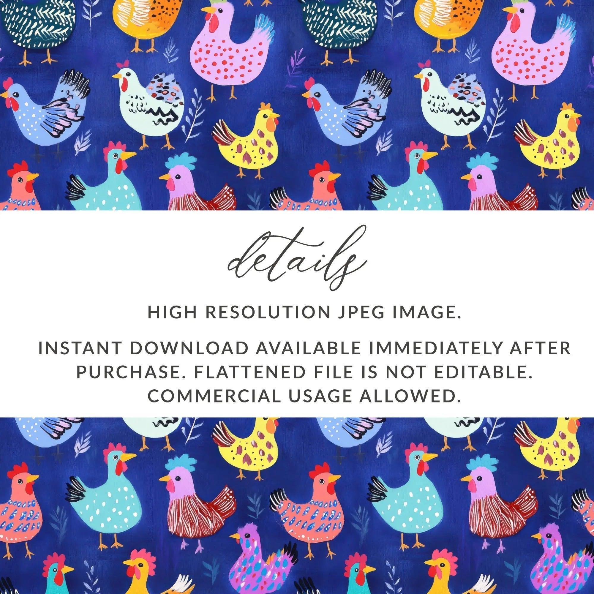 Chicken Digital Paper, Farmhouse Design, Colorful Chicken Pattern, Seamless Digital Download, Digital Paper Pack, Crafting Supplies, 2 JPEGs - Moore and Mountain