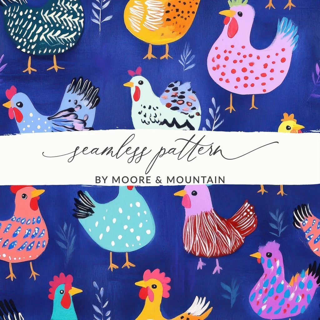 Chicken Digital Paper, Farmhouse Design, Colorful Chicken Pattern, Seamless Digital Download, Digital Paper Pack, Crafting Supplies, 2 JPEGs - Moore and Mountain