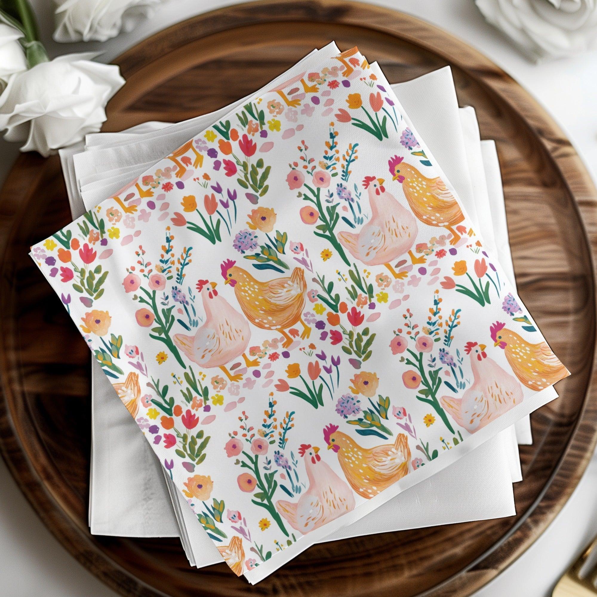 Chicken Floral Digital Paper, Seamless Pattern File, Farmhouse Print, Spring Fabric Design, Repeat Pattern, 12x12 JPEG for Crafts - Moore and Mountain