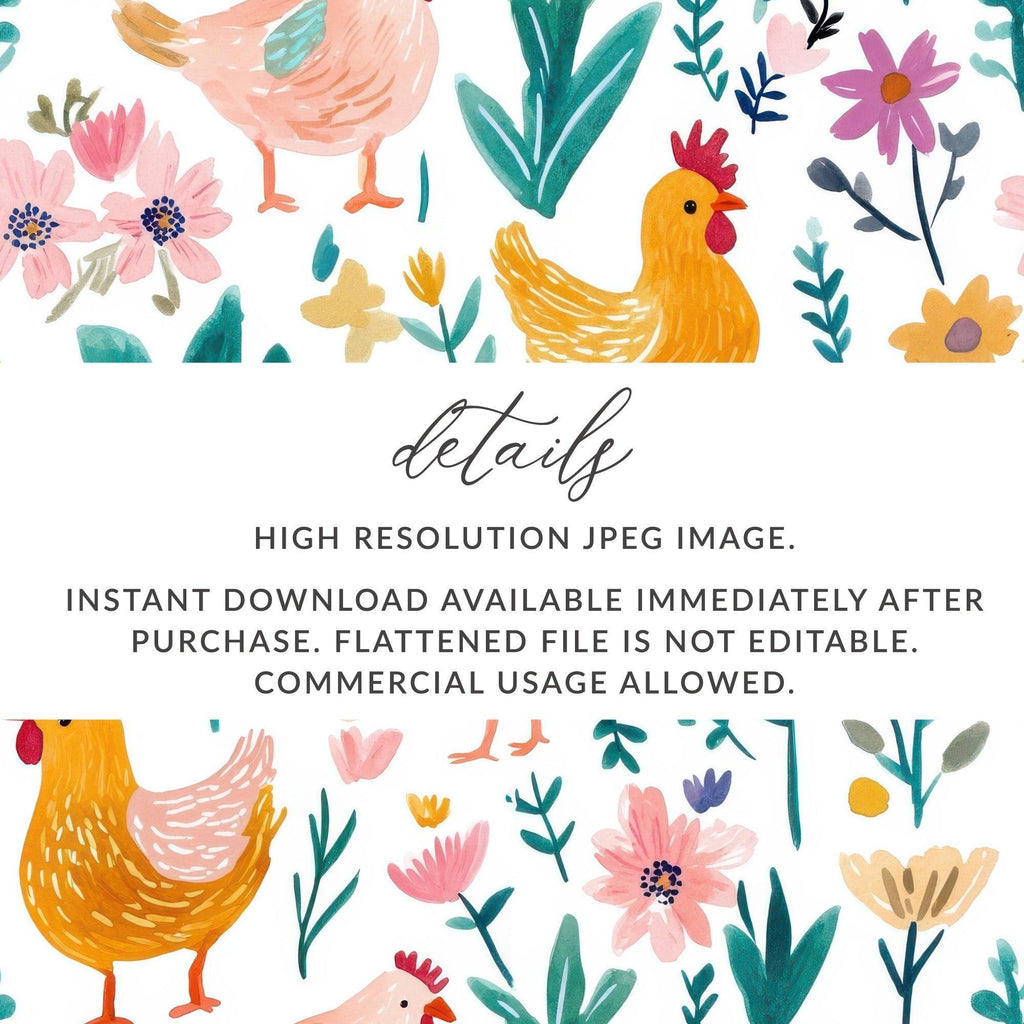 Chicken Floral Digital Paper, Seamless Pattern, Spring Flowers Design, Fabric Design, Scrapbook Paper, Digital Download, Two Scales - Moore and Mountain