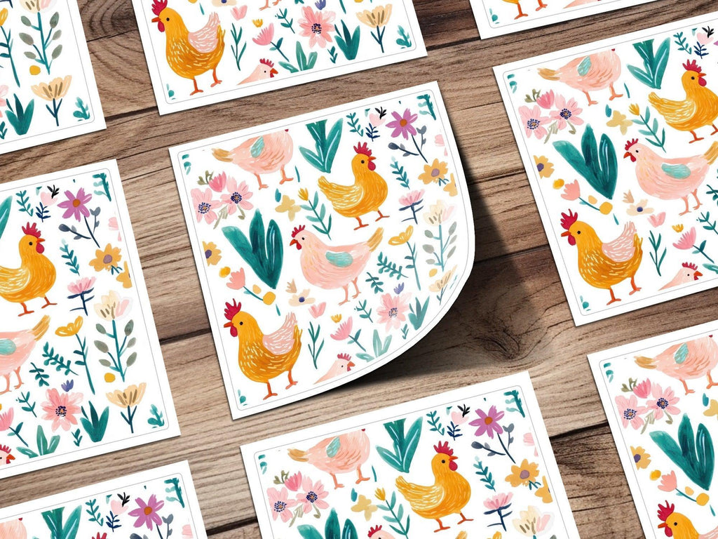Chicken Floral Digital Paper, Seamless Pattern, Spring Flowers Design, Fabric Design, Scrapbook Paper, Digital Download, Two Scales - Moore and Mountain