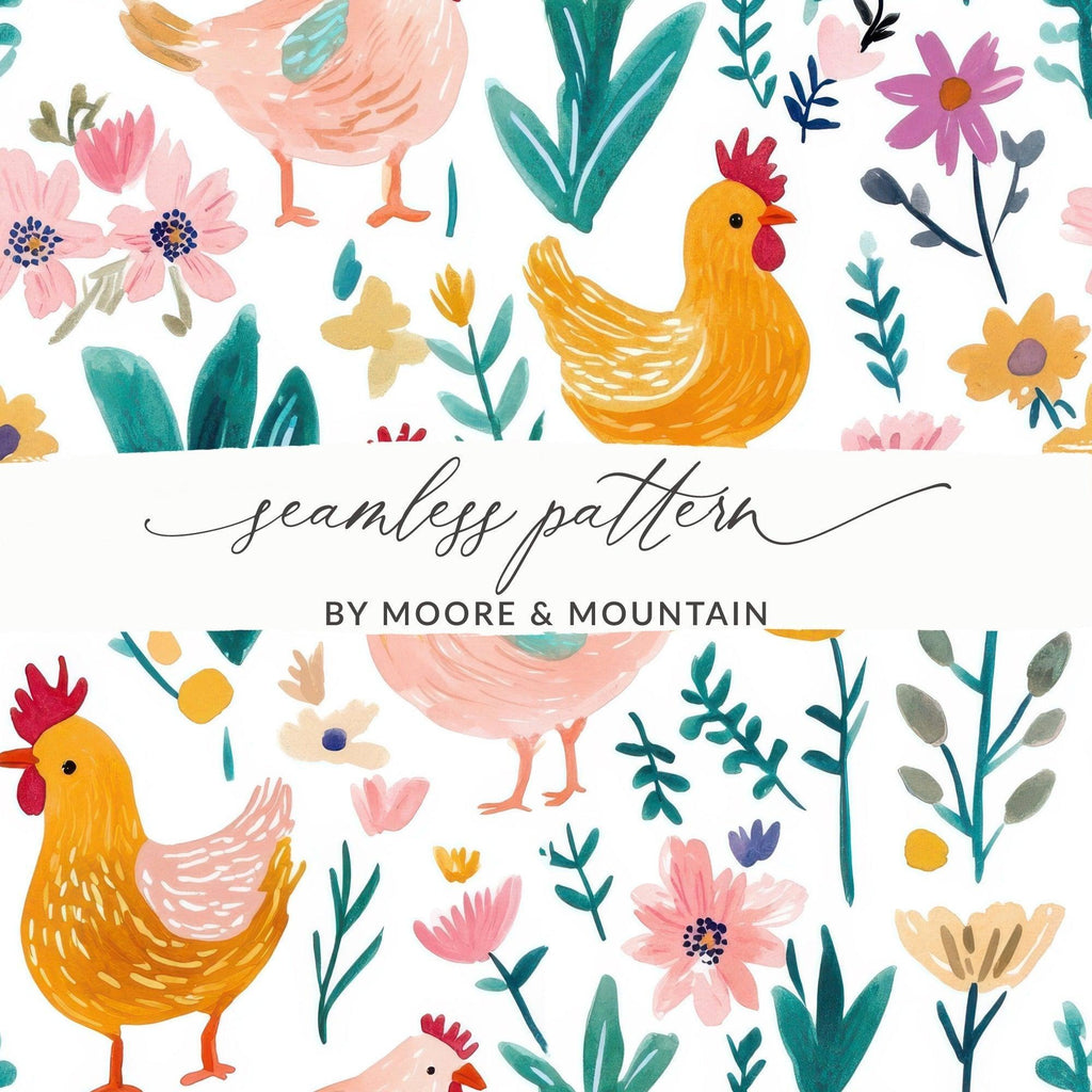 Chicken Floral Digital Paper, Seamless Pattern, Spring Flowers Design, Fabric Design, Scrapbook Paper, Digital Download, Two Scales - Moore and Mountain