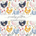 Chicken Floral Digital Seamless Pattern, Farmhouse Animals Digital Paper, Watercolor Chicken Illustration, Digital Download Includes 2 JPEGs - Moore and Mountain