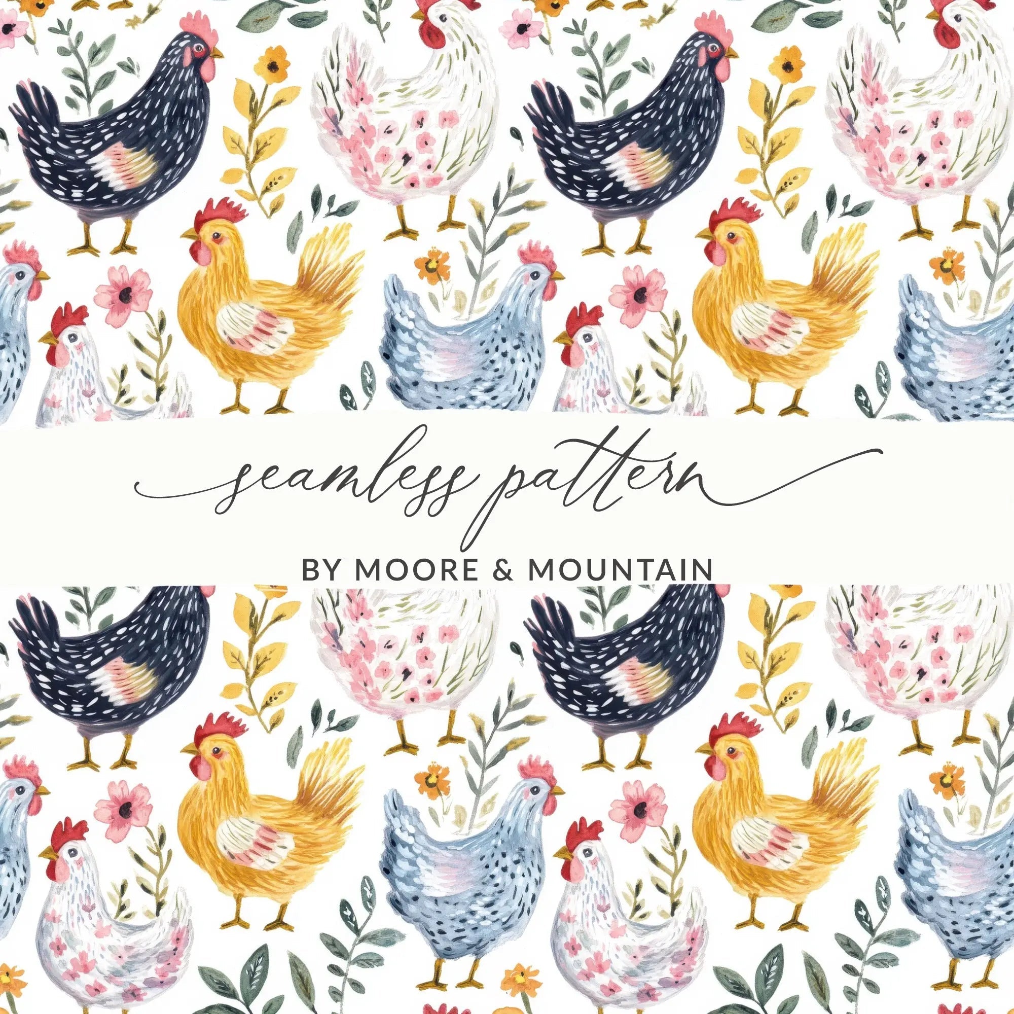 Chicken Floral Digital Seamless Pattern, Farmhouse Animals Digital Paper, Watercolor Chicken Illustration, Digital Download Includes 2 JPEGs - Moore and Mountain