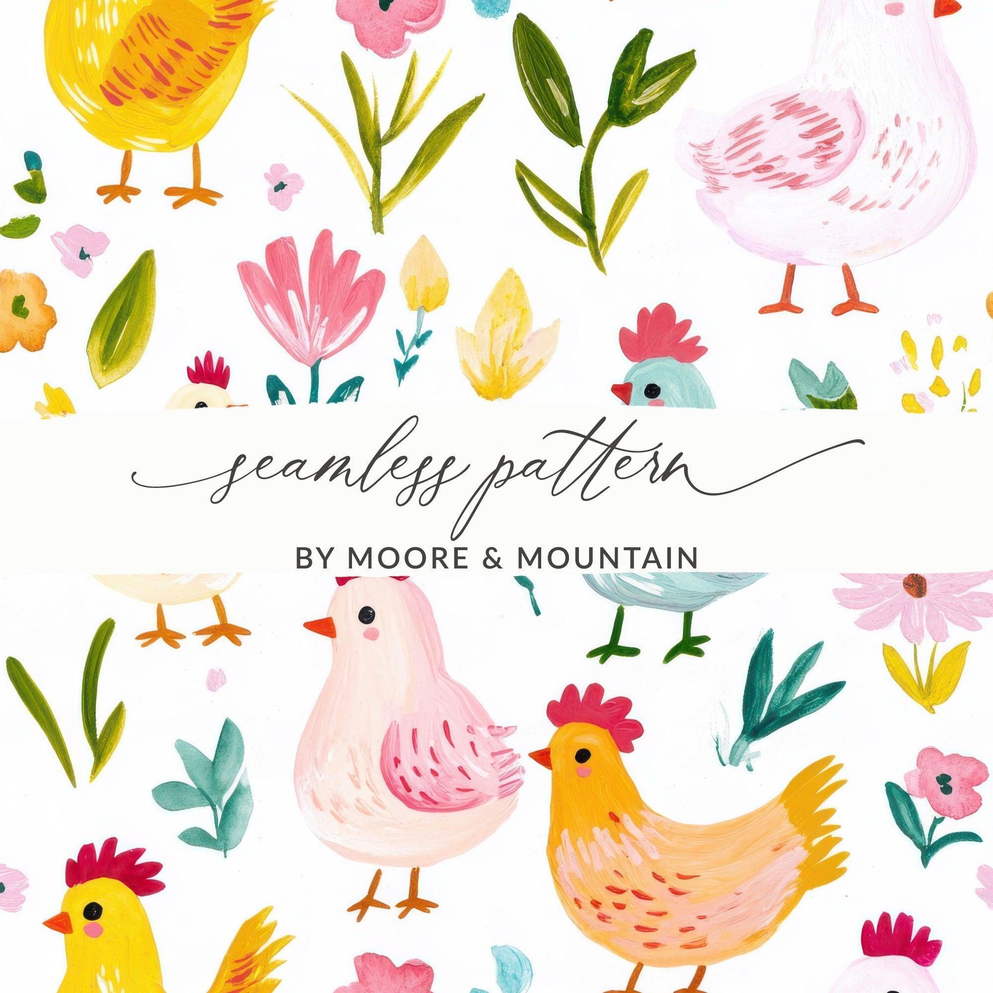 Chicken Seamless Pattern Digital, Farm Animal Art, Floral Repeat File, Watercolor Clipart, Poultry Design, JPEG Files for Fabric, Crafts - Moore and Mountain