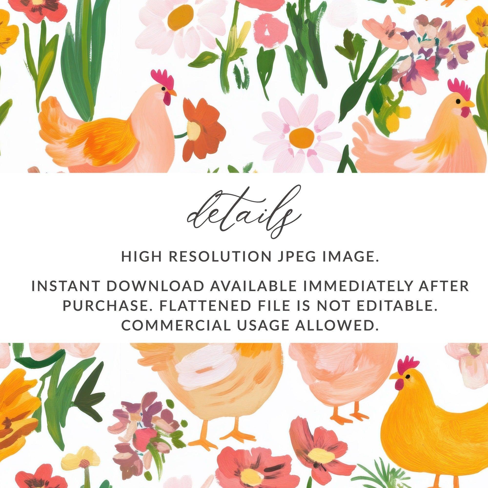 Chicken and Floral Digital Paper, Seamless Pattern Download, Farmhouse Digital Print, Spring Background, Country Chic Printable, Tileable - Moore and Mountain