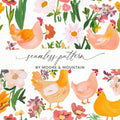Chicken and Floral Digital Paper, Seamless Pattern Download, Farmhouse Digital Print, Spring Background, Country Chic Printable, Tileable - Moore and Mountain