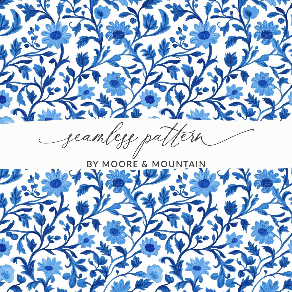 Chinoiserie Elegant Floral Pattern in Blue and White Delicate Style Digital - Moore and Mountain