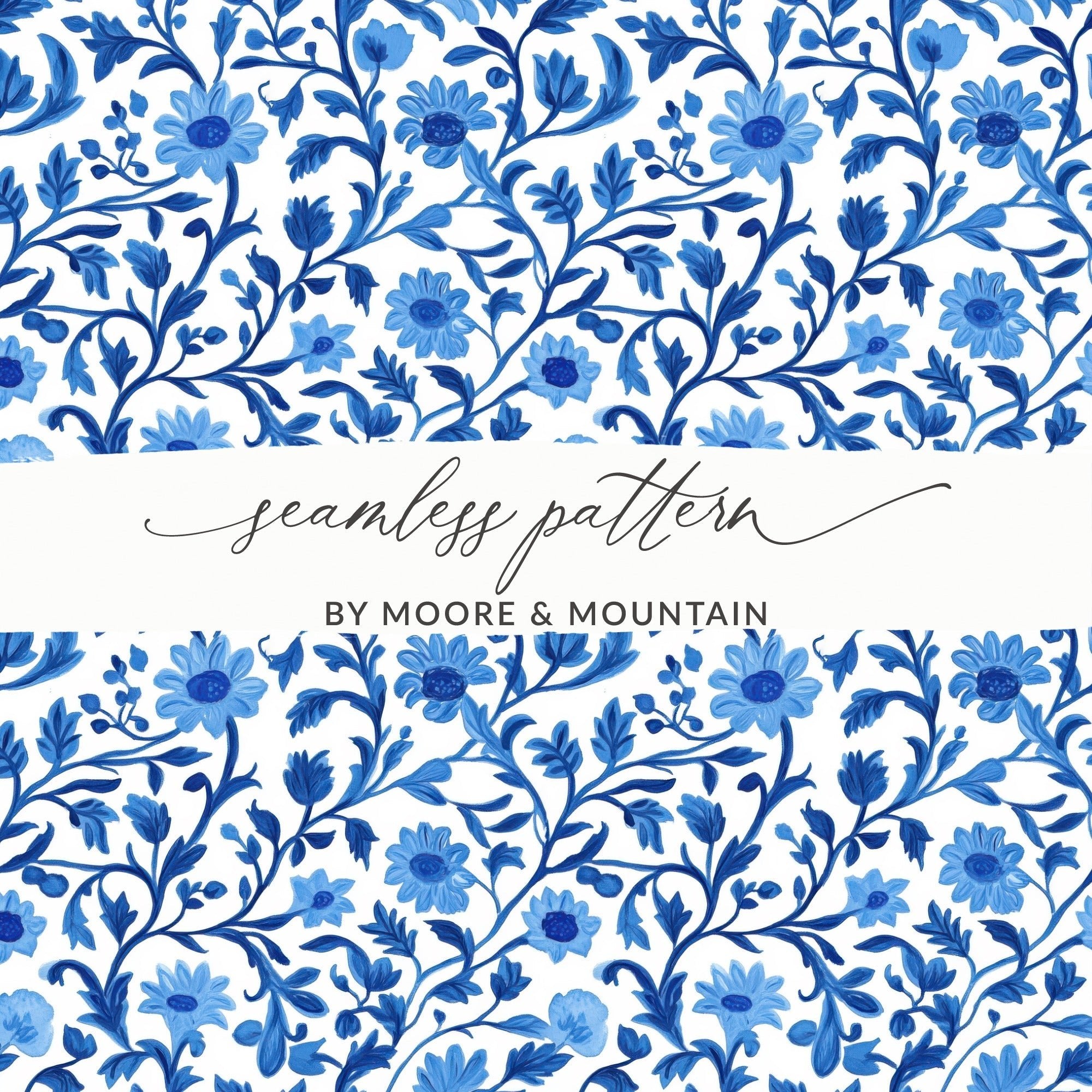 Chinoiserie Elegant Floral Pattern in Blue and White Delicate Style Digital - Moore and Mountain